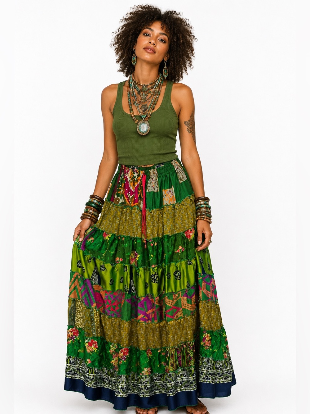 24. Bohemian Tiered Green Patchwork Maxi Skirt With Pockets